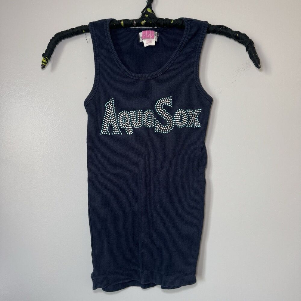 Vintage Blue Sporty Aqua Rhinestone Tank Top Sz XS Y2K Simply Bling Slim FIt